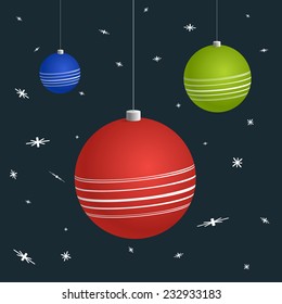 Three multi colored decorated christmas balls. Isolated on dark background with snowflakes. Vector illustration, eps 10.