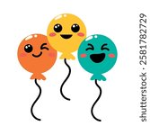 Three multicolor balloons with smiley faces isolated vector illustration