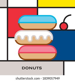 Three multicolor glazed donuts with cherry berry. Modern style art with rectangular color blocks. Piet Mondrian style pattern.