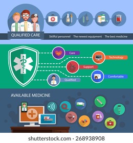 Three multicolor horizontal qualified medicine care and technology flat banners set isolated vector illustration