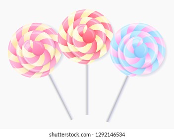 Three multi-colored 3d lollipops,
spiral caramel