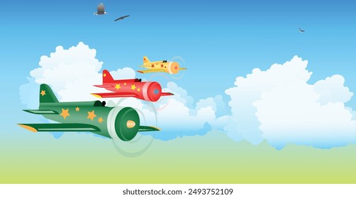 Three multicolored airplanes flying in formation. Eagles can be seen flying in the distance. Vector illustration.