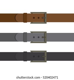 Three multi-colored belt insulated on white background. Fashionable modern accessory. Black gray and brown belt. Vector