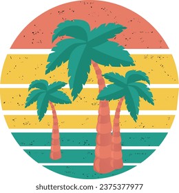 Tres palmeras multicolores brillantes en círculo retro brillante con efecto de papel descolorido. Uno de la colección para viajes. Ilustración del vector	