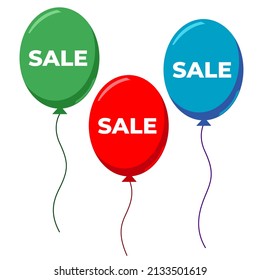 Three multi-colored cards in the form of balloons with the inscription SALE on a light background, a sales concept for different stores.