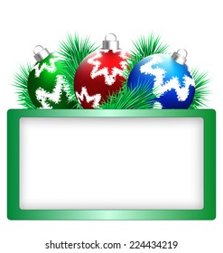 Three multicolored Christmas balls with pine branches and green frame isolated on white background