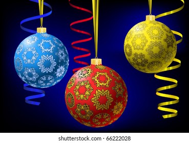 Three multicolored christmas-balls with snowflakes texture and metallic serpentine on abstract dark background. Greeting card. Vector illustration. Gradient mesh in background only include.