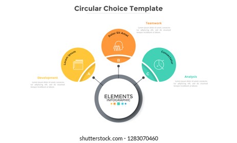 Three multicolored circles connected with main round element in center, 3 features of business process concept. Minimalist infographic design template. Vector illustration for presentation, website.