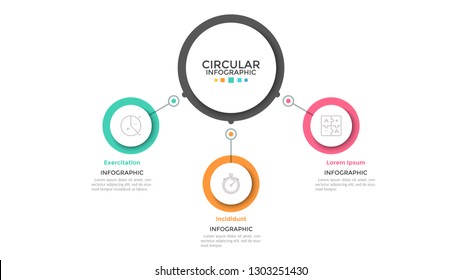 Three multicolored circles connected with main round element in center, 3 features of business process concept. Minimalist infographic design template. Vector illustration for presentation, website.