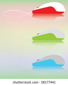 Three multicolored computer mice with a piece of a feeding cord and the bottom illumination are located one under another