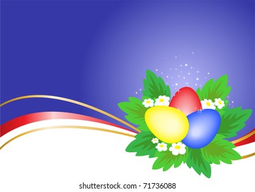 three multicolored Easter eggs on a blue background with wavy ribbons