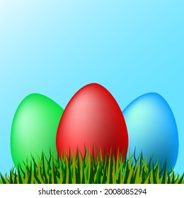 Three multi-colored eggs in the grass. festive concert. Vector illustration