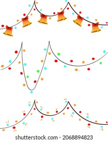 Three multicolored garlands. Garland with bells. New Year's mood. Decoration for holidays. Design of garlands. Set of vector images on white background.