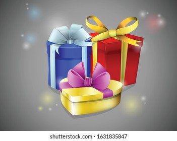 
three multi-colored gift, one in the form of a heart, the second gift is a round box, the third gift is a red square