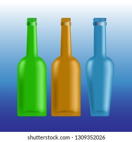 Three multicolored glass bottles close-up on a blue-white gradient background.