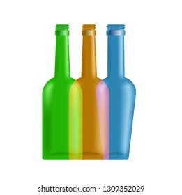 Three multi-colored glass bottles close-up on a white background.