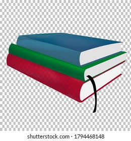 Three multi-colored hardback books with a bookmark on a transparent background. Education concept. Textbooks for learning a subject or reading books as a hobby. Vector image.
