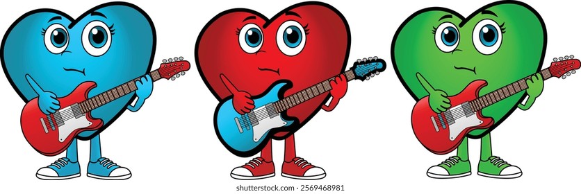 Three multi-colored hearts. Blue, red, green.