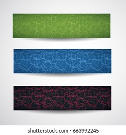 Three multicolored horizontal abstract cubic style banner set with linear style cubes different shapes vector illustration