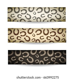 Three multicolored horizontal horseshoes banner set with chaotic arrangement of different sized horseshoes vector illustration