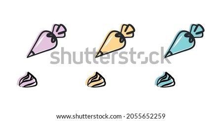 Three multicolored pastry bags that squeeze out the cream. Making marshmallows. Confectionery tools. Vector illustration of a pastry bag. Emblem for a pastry chef.