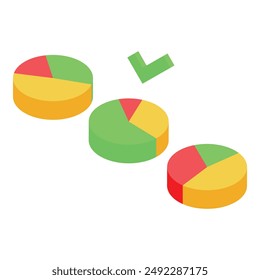Three multicolored pie charts with a green check mark above them representing the successful completion of business tasks