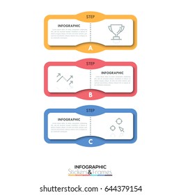 Three Multicolored Rectangular Elements With Text Boxes And Thin Line Symbols Inside, 3 Steps Of Development Process Concept. Minimalist Infographic Design Template. Vector Illustration For Brochure.