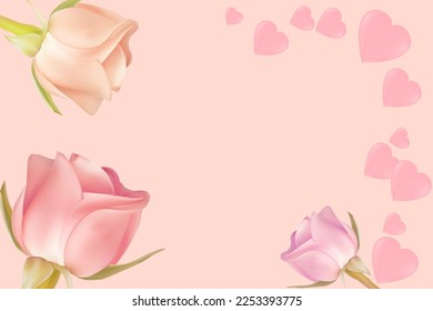 Three multi-colored roses on a light background with copy space. Concept for valentine's day, birthday, mother's day, women's day. Universal holiday background. Vector image