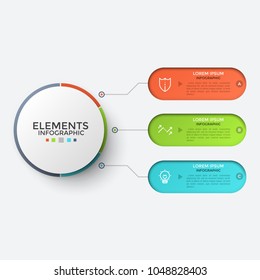 Three multicolored rounded elements with thin line symbols and place for text inside connected to central circle. Flow chart with 3 options to choose. Infographic design template. Vector illustration.