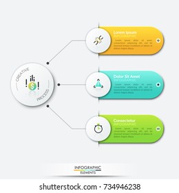 Three multicolored rounded rectangles connected with central round element by lines. Tree diagram with 3 dependent options. Modern infographic design layout. Vector illustration for web presentation.