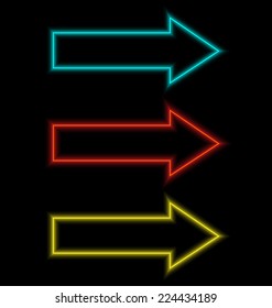 Three multicolored self-illuminated arrows isolated on black background