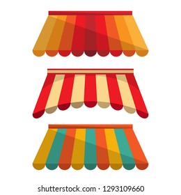 Three multi-colored striped canopy for a small street shop, counter, shopping pavilion. Vector set