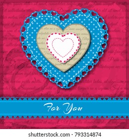 Three multicolored valentine heart napkins on pink background and headline for you vector illustration