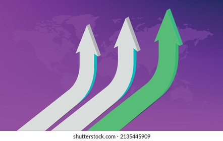 Three multi-colored white and green arrows pointing up on the background of the world map. 3d illustration.Vector EPS