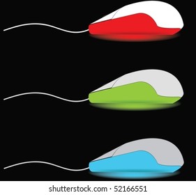 Three multi-coloured computer mice with a piece of a feeding cord and the bottom illumination are located one under another on a black background