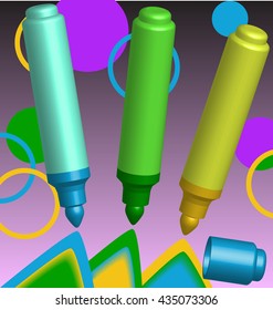 Three multi-coloured opened markers and cap on an abstract background.