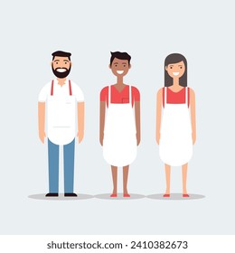 Three multicultural chefs smiling together in uniform. Teamwork in the kitchen with diverse staff. Hospitality industry workers vector illustration.