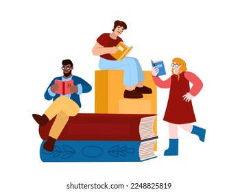 Three multi-cultural people are reading books. Two men are sitting on encyclopedias, a girl is serving a diary from the floor. Vector concept illustration in flat cartoon style