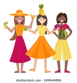 Three multinational girls dancing in a cartoon style. For the design of eco festivals, vegan shops, vegetable fairs, eco cafe.