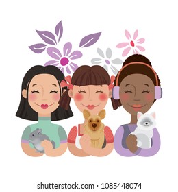 Three multinational teenage girls with their pets. Best friends concept