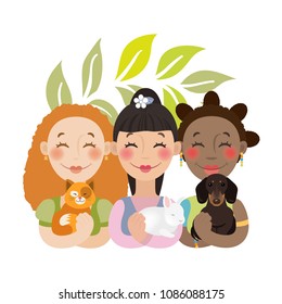Three multinational teenage girls with their pets. Best friends concept