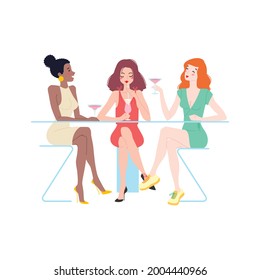 Three multiracial girlfriends enjoying cocktails in a restaurant or bar. Cute young women in beautiful dresses talking and laughing together. Woman's friendship concept. Vector illustration.