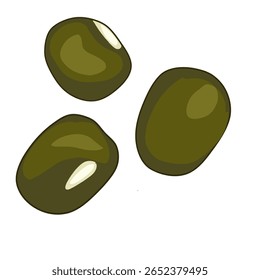 Tres frijoles mung con manchas de color verde oliva y blanco son visibles en esta sencilla ilustración sobre un fondo blanco liso.