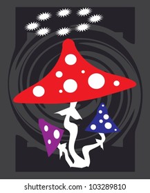 three mushroom caps with colored on a dark background