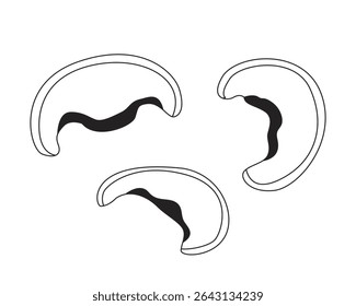 Three mushroom caps sliced 2D line object. Edible fungi. Cooking ingredients. Vegan protein. Earthy flavor. Natural food isolated clipart vector ink outline item. Monochrome spot illustration