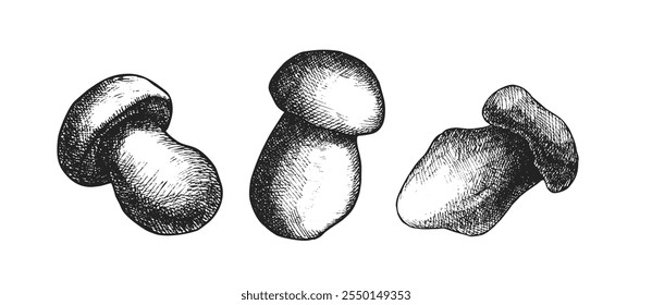 Three mushroom drawings in black and white with intricate line details