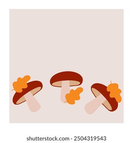 Three mushrooms with autumn leaves against a light background