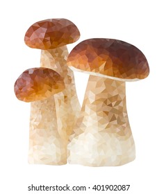 Three mushrooms in low poly style, polygon vector triangle boletus on white background