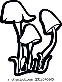 three mushrooms. on a white background. grass at the bottom. sticker . icon vector