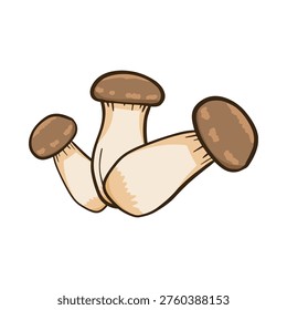 Three mushrooms are shown in a white background. The mushrooms are brown and white in color. The mushrooms are arranged in a way that they look like they are standing upright